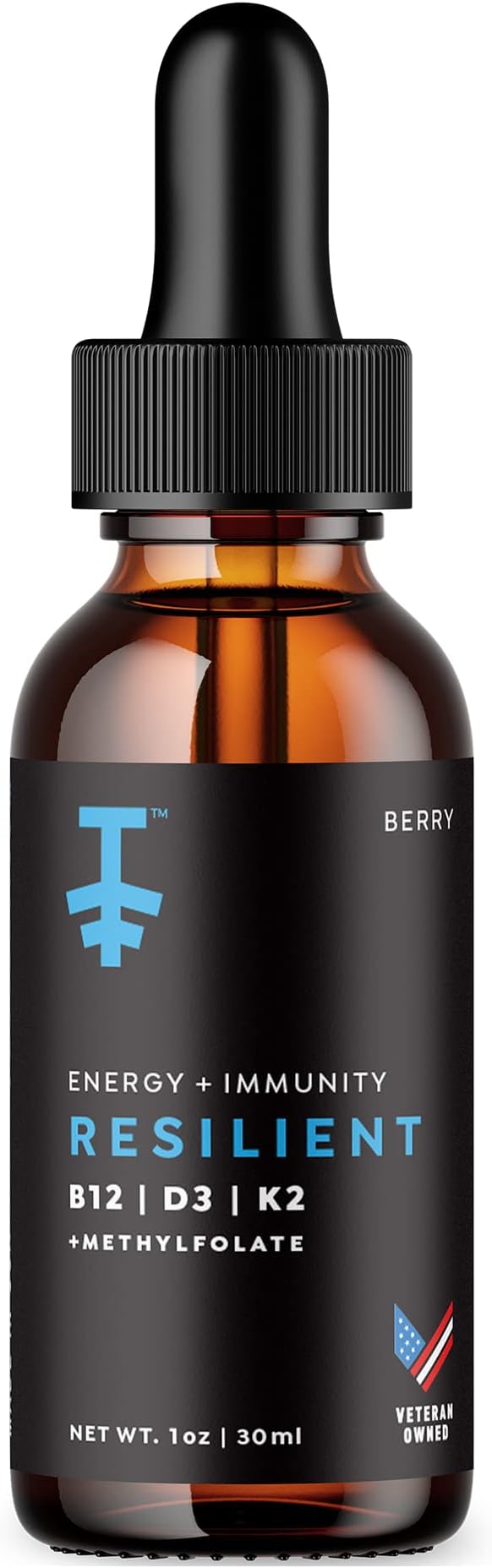 Resilient Vitamin D3 K2 B12 Drops - Liquid B12 K2 D3 Vitamin Supplement with Methylfolate, Liquid Drops for Energy & Recovery, Methy Folate for Sleep & Mood - Natural Berry 30mL
