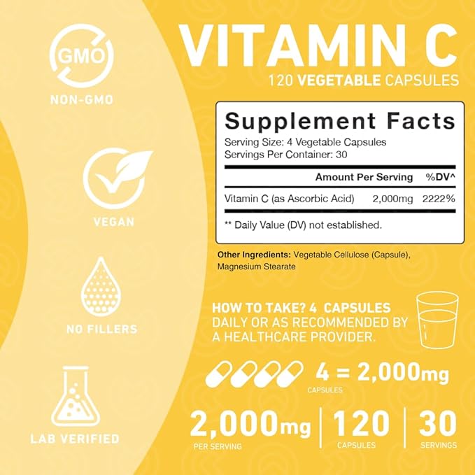 Vitamin C 2000mg Capsules – Double Strength, High Absorption Supplement, Powerful Antioxidant Properties, 120 Capsules (1 Month Supply)