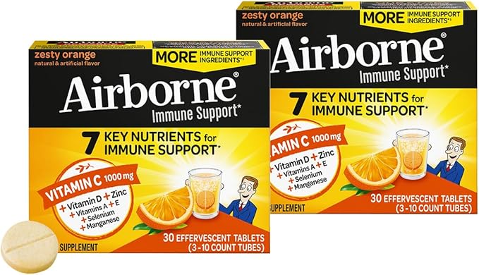 Airborne 1000mg Vitamin C + Zinc Sugar Free Multivitamin Immune Support Effervescent Fizzy Drink Tablets, Zesty Orange Flavor with Powerful Antioxidants Vitamins A C & E, 30 Tablets (2 Pack)