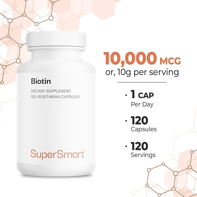 Supersmart - Biotin 10,000mcg / 10g per Day (High Potency) - Vitamin B7 Biotin Supplement - Healthy Hair, Skin & Nails | Non-GMO & Gluten Free - 120 Vegetarian Capsules