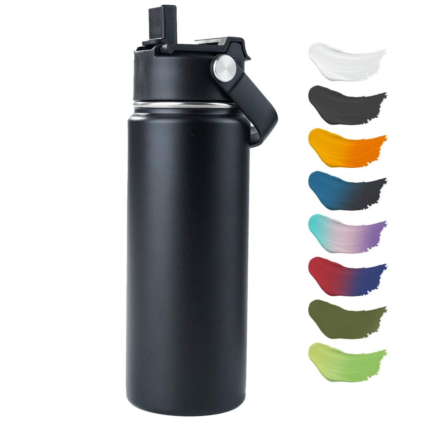 Kerilyn Stainless Steel Insulated Water Bottle, 18oz Double Wall Vacuum Insulated Water Bottle Leak Proof with Silicone Straw, Wide Mouth Lid, BPA Free, Keep Cold and Hot, 18oz, Black