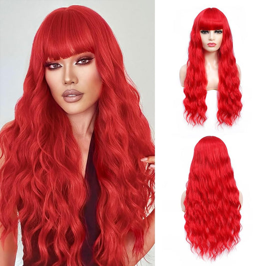COSYMAY Red Wig Long Wavy Heat Resistant Fiber Wigs With Bangs for Girls Daily Cosplay Party Use for Women