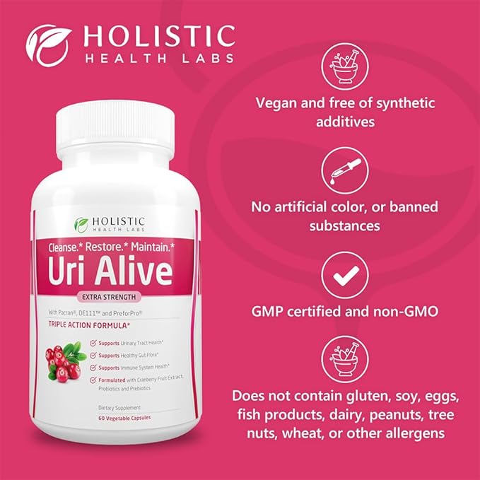 Uri Alive Extra Strength Urinary Support Supplement for Urinary Tract, Bladder, Gut Flora, and Immune System Health (60 Count (Pack of 1))
