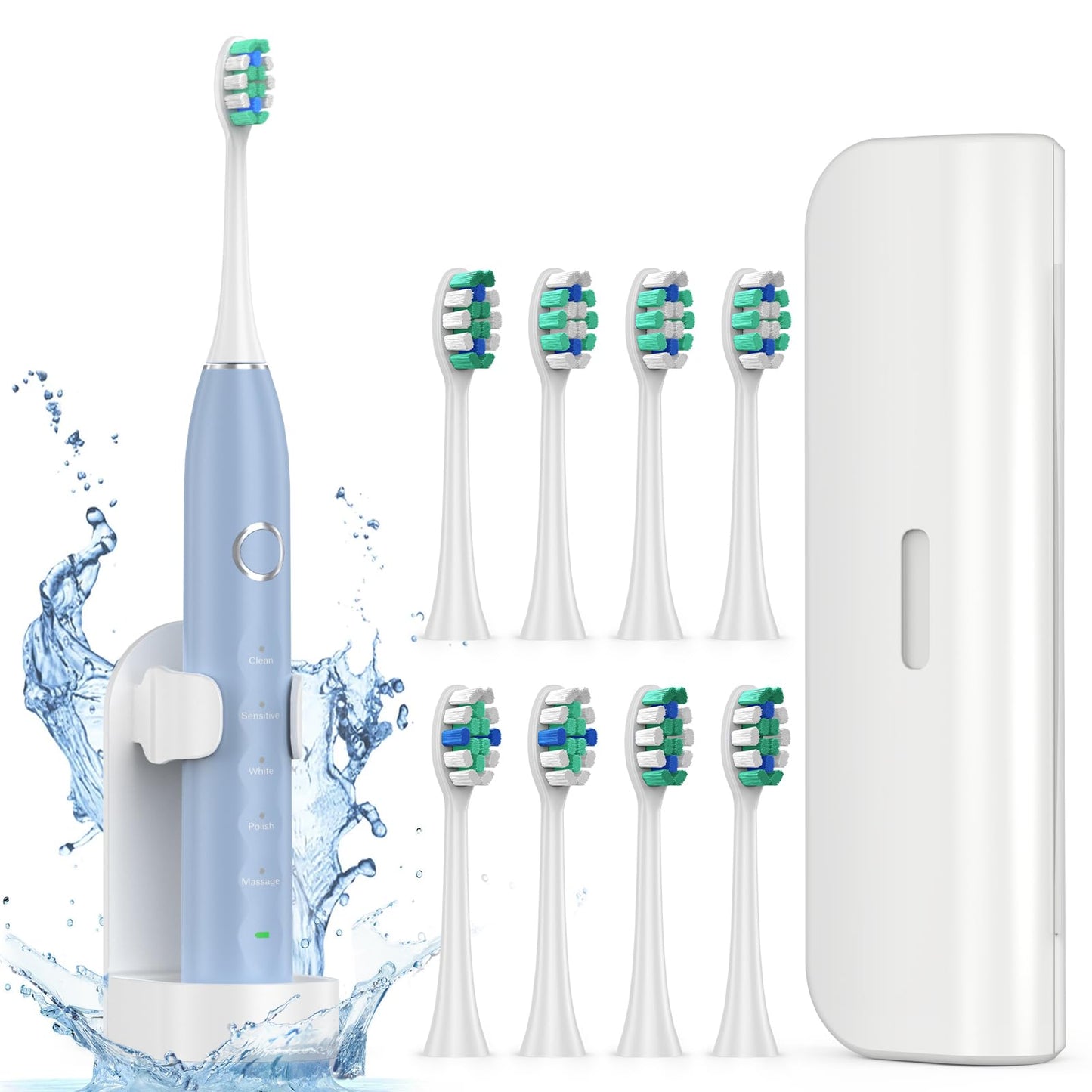 Fronix Electric Toothbrush for Adults with 8 Brush Heads, Sonic Toothbrush Rechargeable with a Holder & Travel Case, 2.5 Hours Charge for 120 Days Use - Light Blue