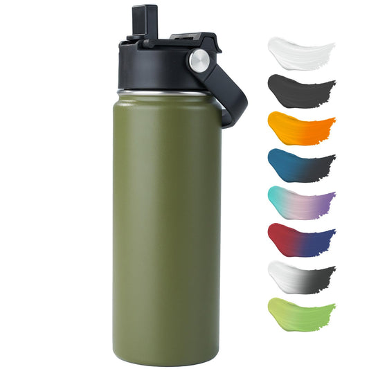 Kerilyn Stainless Steel Insulated Water Bottle, 18oz Double Wall Vacuum Insulated Water Bottle Leak Proof with Silicone Straw, Wide Mouth Lid, BPA Free, Keep Cold and Hot, 18oz, Army Green