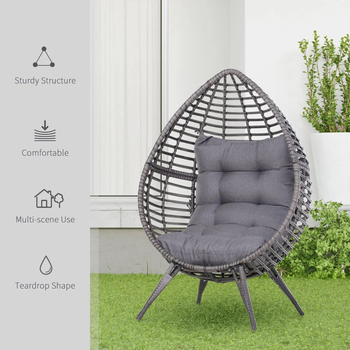 Resenkos Elevated Wicker Egg Chair With Soft Cushion, Teardrop Seat for Indoor/Outdoor Patio Use, Adjustable Height Plastic Rattan Furniture With Padded Feet, Gray