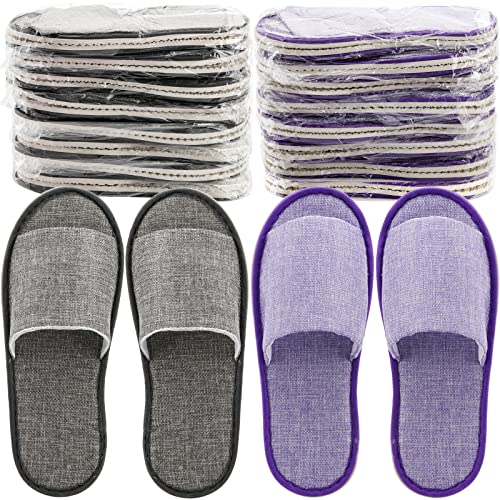 Frcctre 16 Pairs Disposable Slippers, Cotton Linen Open Toe Spa Slippers for Women and Men, Breathable Non-Slip Disposable Slippers for Travel Guests Hotel Home, Gray and Purple