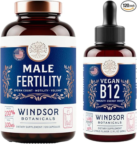 WINDSOR BOTANICALS Vegan Vitamin B12 and Male Fertility Supplement with Maca Root - Energy and Fertility Bundle