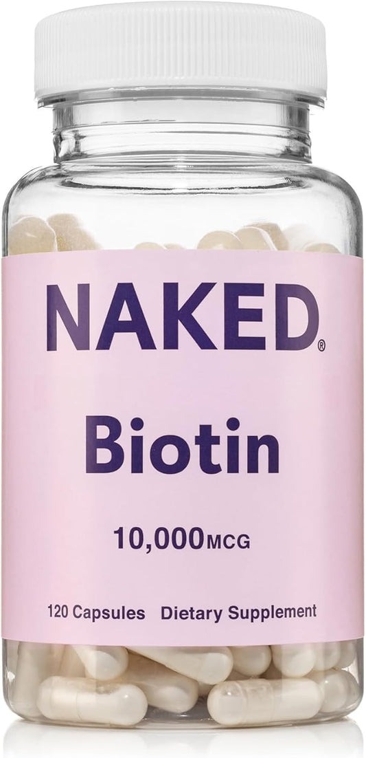 NAKED Biotin 10,000mcg - Max Strength Vitamin B7 Supplement for Healthy Hair, Skin & Nails Support - Non-GMO, Gluten-Free, Vegan - Supports Keratin Production - 120 Capsules