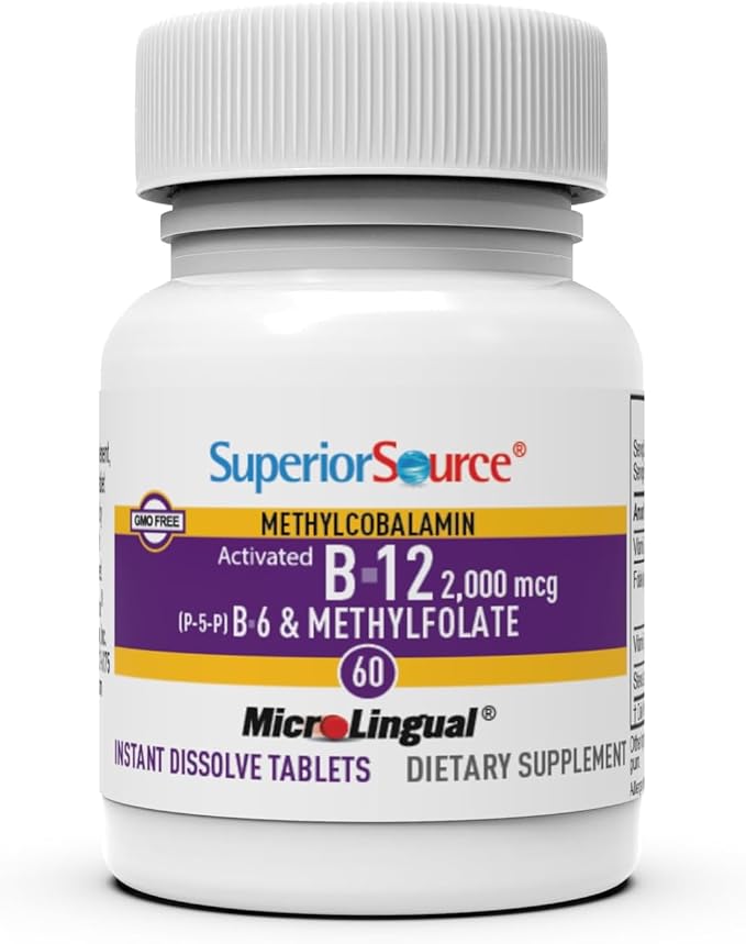 Superior Source No Shot Vitamin B-12 Methylcobalamin 2000 mcg, B-6, & Methylfolate 1200 mcg - Supports Energy, Brain, and Heart Health - Bariatric Friendly - 60 Sublingual Dissolving Tablets