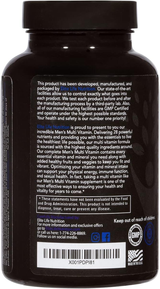 Men's Multi Vitamin - 28 Powerful Nutrients, Vitamins, and Minerals - Best Multivitamin for Men - Supports Optimum Health, Physical Energy, Immune System Function, and Maximum Vitality - 120 Capsules