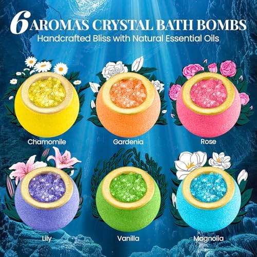 Crystal Bath Bomb Gift Set – 12 Pack with 6 Natural Scents, Organic Shower Bombs with Nourishing Bath Salts, Stress Relief Bubble Spa, Self Care Gifts for Women, Mom, Wife, and Daughter