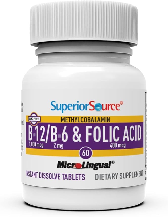 Superior Source No Shot Vitamin B-12 Methylcobalamin 1000 mcg, B-6 & Folic Acid 400 mcg - Supports Brain & Heart Health - Aids Natural Energy Levels - 60 Sublingual Dissolving Tablets