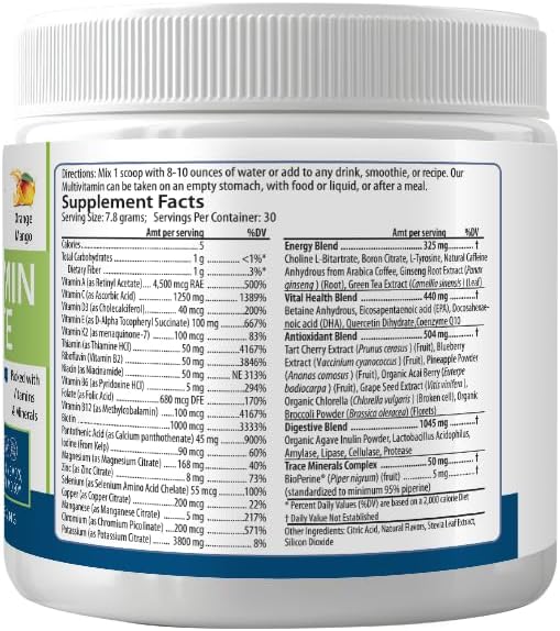 PURE Multivitamin Complete Powder, Orange Mango, Vitamins A, C, D3, B12, Minerals, CoQ10, 30 Servings, 1-Month Supply, Energy Support
