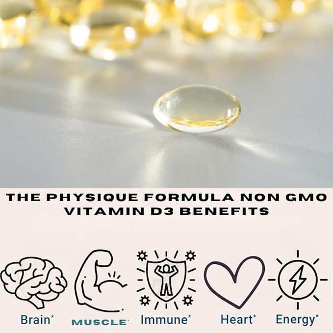Physique Formula Vitamin D3 5000 IU (125 mcg) in Olive Oil All Natural Non-GMO Vitamin D3 Softgels to Support Muscle, Bone,& Immune System Health