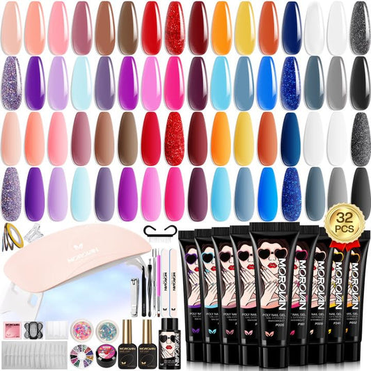 Poly Gel Nail Kit for Beginners: 32 Colors Gel Extension Nail Set with U V Lights for Starter DIY Nail Art Extension at Home Gifts for Ladies & Girls