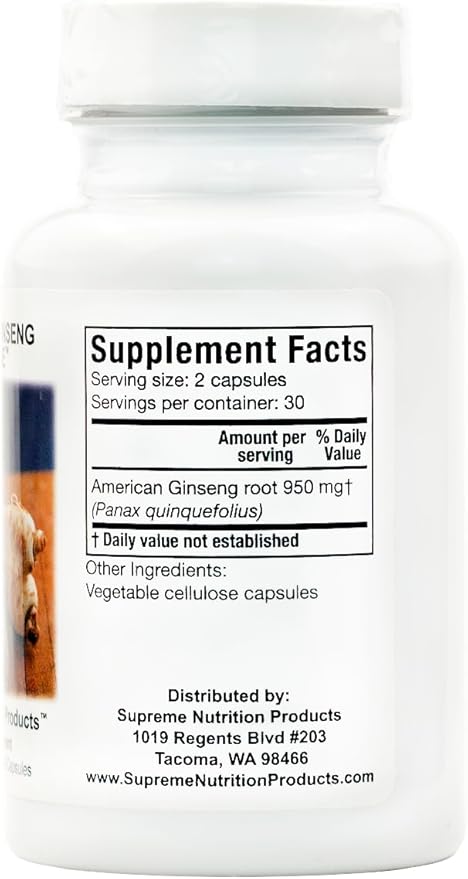 Supreme Nutrition American Ginseng Supreme, 60 Pure American Ginseng Root Vegetarian Capsules