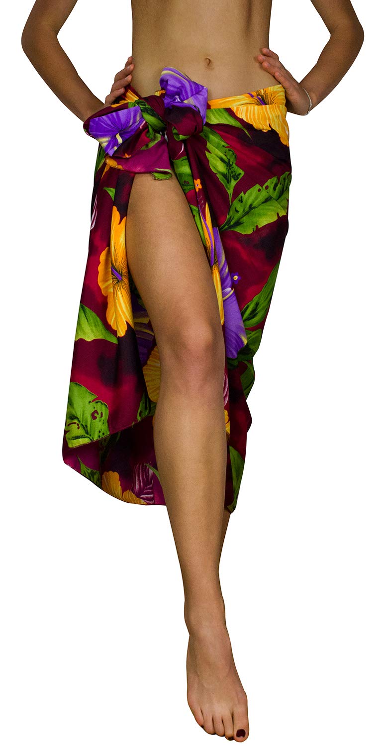 KING KAMEHA Funky Hawaiian Cover-up Pareo Sarong, Big Flower, Maroonred, BIG