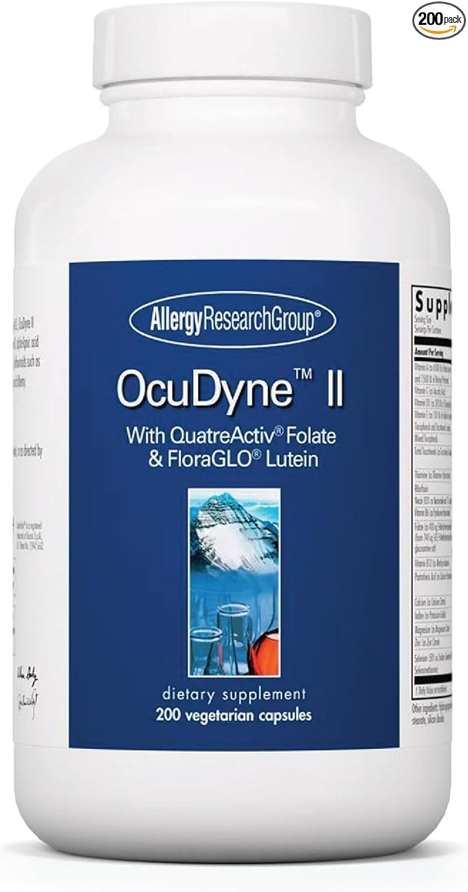 Allergy Research Group OcuDyne II Supplement - Eye Support Vitamins for Vision, Eye Health for Adults, Vision Support, Multivitamin Formula, QuatreActiv Folate, FloraGLO Lutein - 200 Count