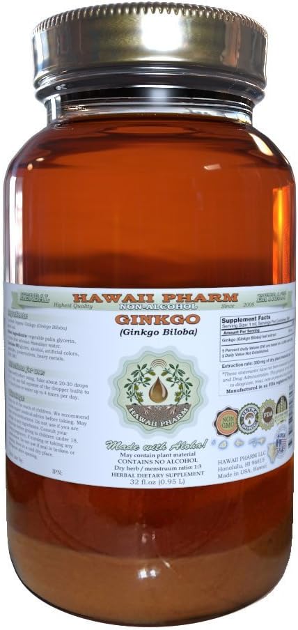 Ginkgo Alcohol-Free Liquid Extract, Organic Ginkgo (Ginkgo Biloba) Dried Leaf Glycerite Hawaii Pharm Natural Herbal Supplement 32 oz Unfiltered