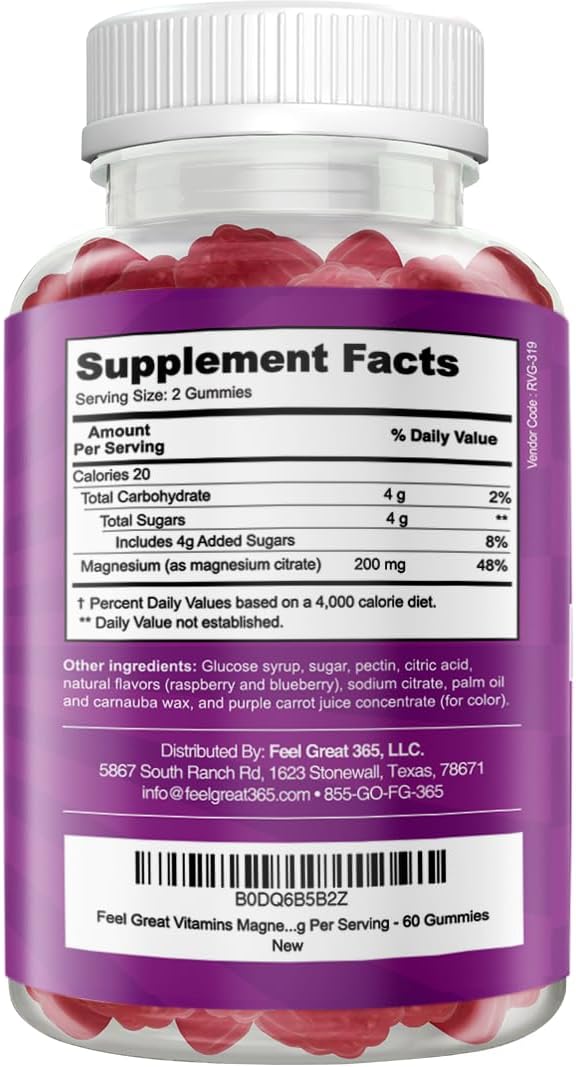 Feel Great Vitamins Magnesium Citrate Gummies - High Absorption for Muscle Relaxation, Calm & Sleep Support, Aids Occasional Constipation, Vegan, Non-GMO, 200mg Per Serving - 60 Gummies