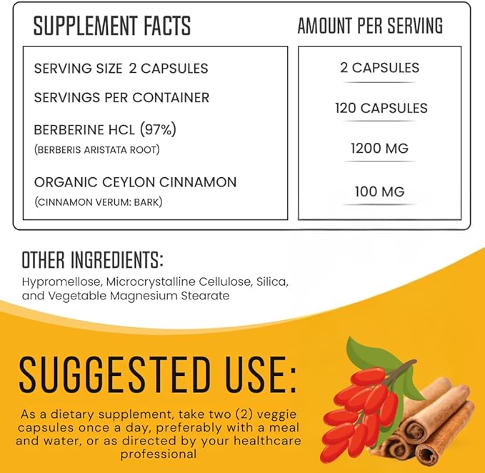 Berberine with Ceylon Cinnamon 1200mg – 97% Purity- Non-GMO, Gluten-Free, Lab-Tested Vegan Berberine Supplement (120 Count (Pack of 1))