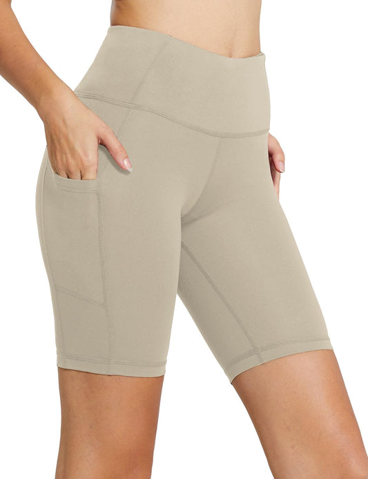 BALEAF Biker Shorts Women Yoga Gym Workout Spandex Running Volleyball Tummy Control Compression Shorts with Pockets 8" Khaki S