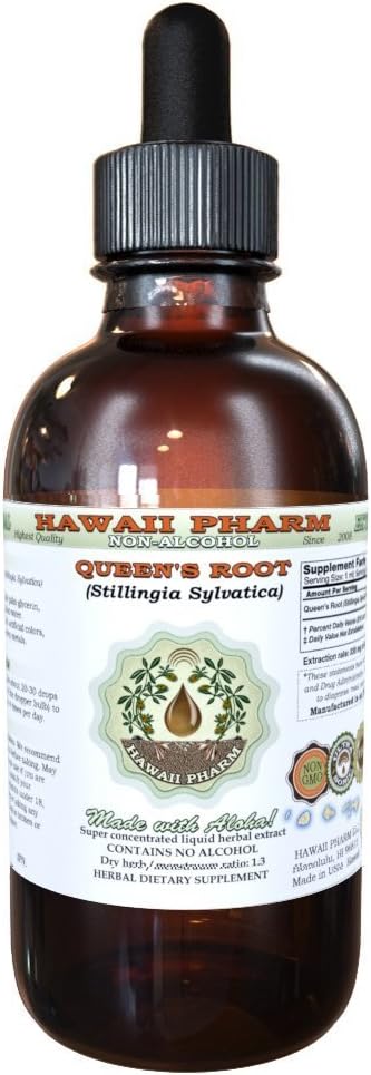 Queen's Root Alcohol-Free Liquid Extract, Queen's Root (Stillingia Sylvatica) Dried Root Glycerite Natural Herbal Supplement, Hawaii Pharm, USA 4 fl.oz