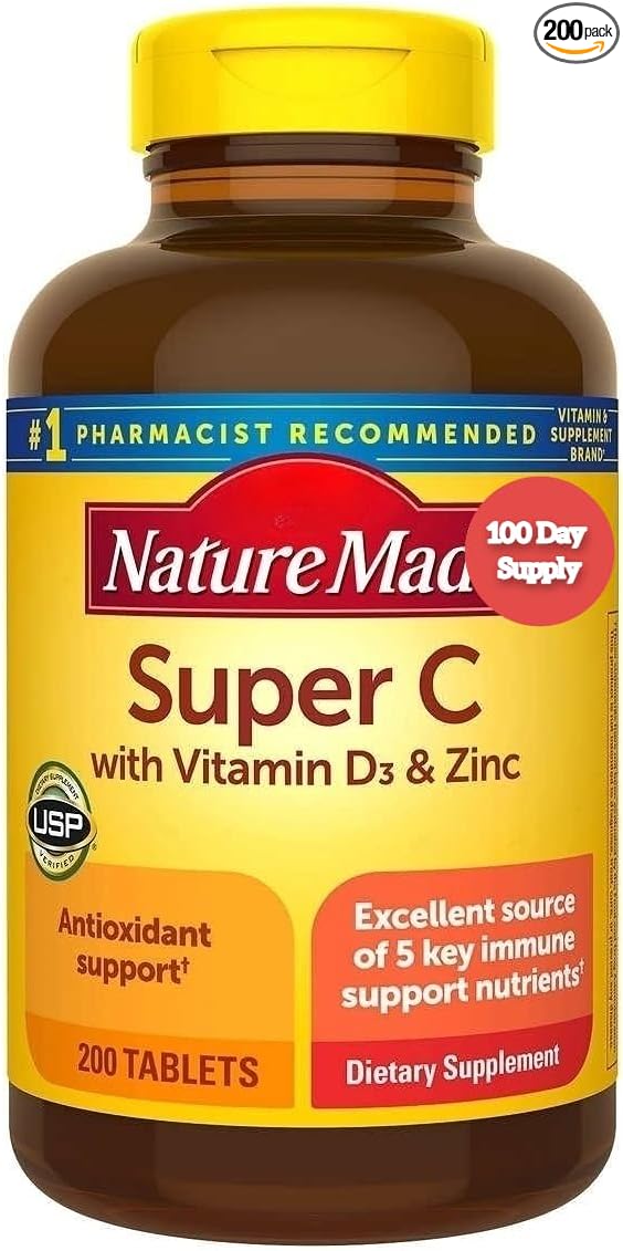 Nature Mades Super C with Vitamin D3 and Zinc, 200 Tablets Bundle | 200 Day Supply | Contains Vitamin C (900 mg), A (450 mcg), D3 (25 mcg/1000 IU), E (15 mg) and Zinc (11 mg)