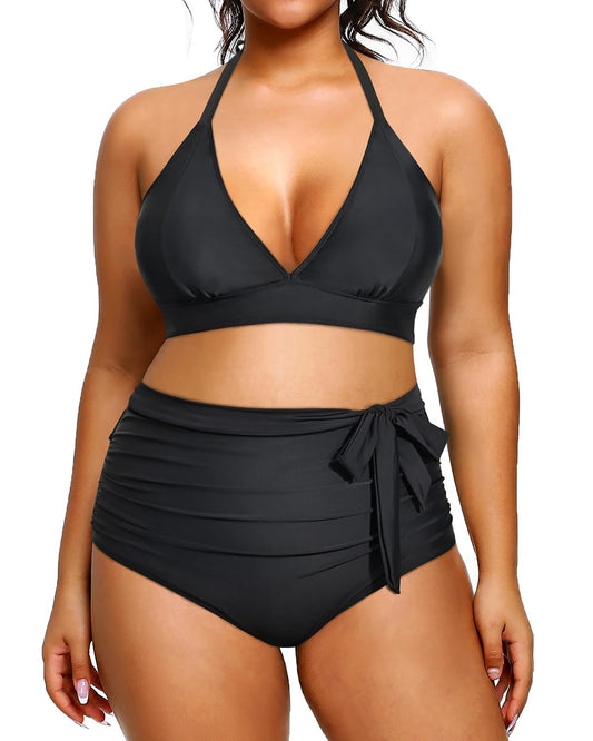 Daci Women Plus Size Two Piece Bikini Halter Swimsuits High Waisted Swimwear Tummy Control Bathing Suits Black 18 Plus
