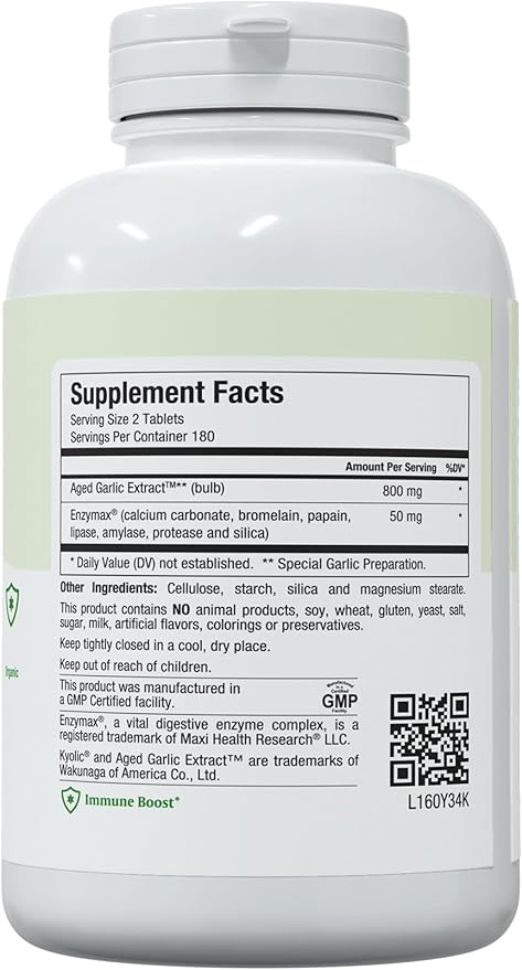 Maxi Health Kyolic Organic Garlic Supplement - Kosher Garlic Tablets with Kyolic Aged Garlic Extract for Immune Support - Vegetarian Garlic Pills (360 Count)