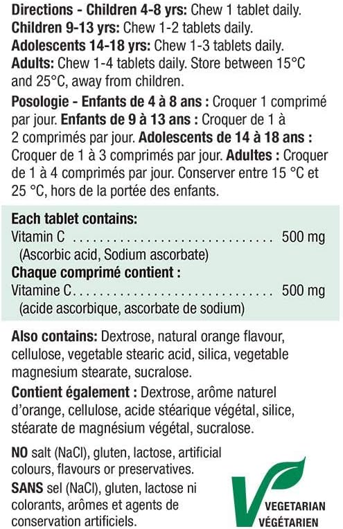 Jamieson Vitamin C Chewable 500 mg - Tangy Orange, 120 tabs Bonus