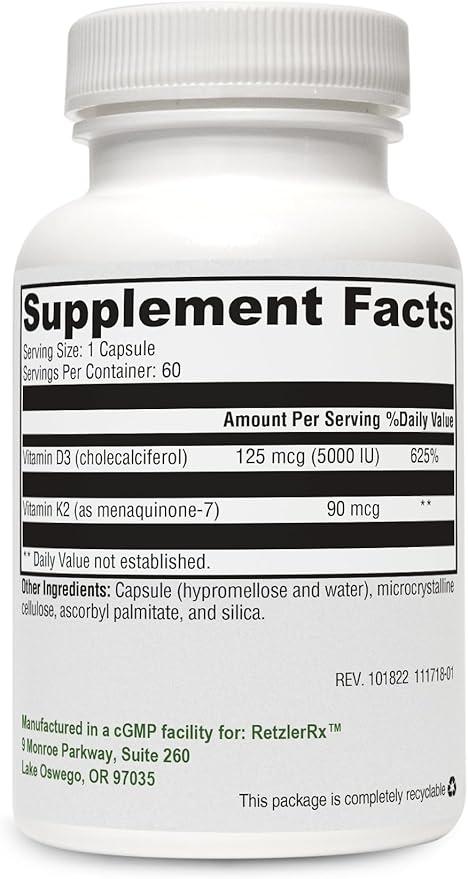 RetzlerRx® - Vitamin K2 Plus D3 5000 - Bioavailable Vitamin D 5000 IU (Cholecalciferol) with Vitamin K2 MK-7 - Heart, Arterial, Bone Health + Immune Support Supplement (60 Capsules)