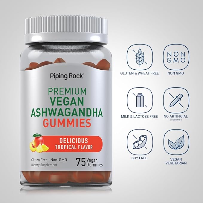 Piping Rock Ashwagandha Gummies Supplement | 75 Count | for Women and Men | Tropical Flavor | Vegan Formula | Non-GMO, Gluten Free