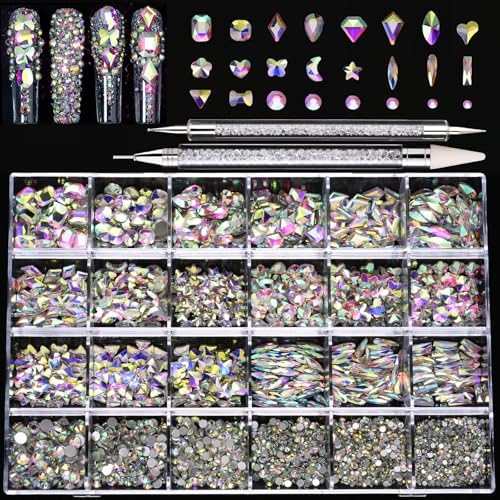 Nail Rhinestones Kit, 18 Types of 900 Special-Shaped Diamonds + 3200 Flat-Bottomed Nail Rhinestones, Nail Crystal DIY Crafts Gemstones for Nail, Shoes, Clothes, Jewels