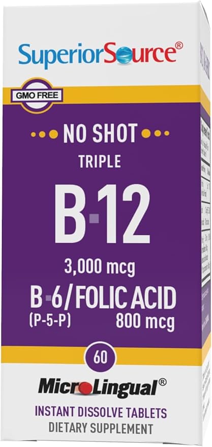 Superior Source NO Shot Triple B-12 3,000 mcg B-6 Folic Acid 800 mcg - Formula Supports Heart Health & Energy - Health Supplement with Folic Acid & Methylcobalamin - 60 Instant Dissolve Tablets