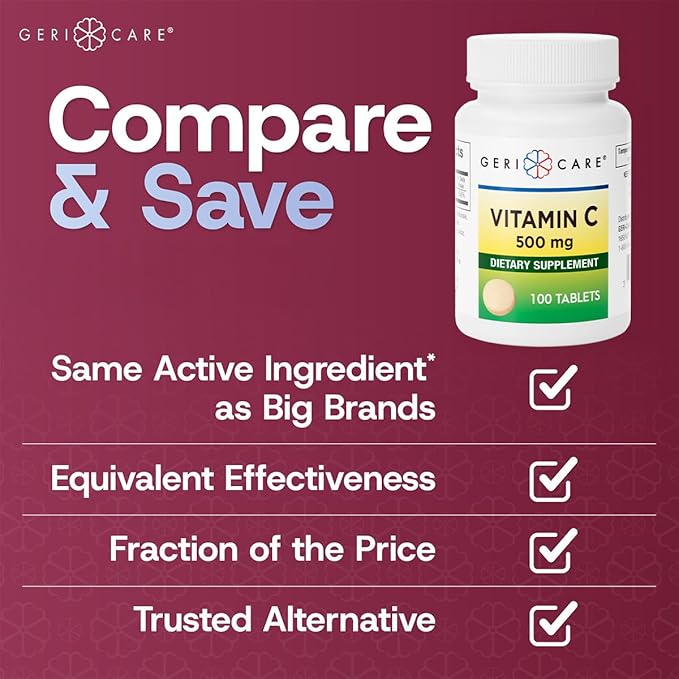 GeriCare Vitamin C 500 mg, Antioxidant, Immune System Support, Nutritional Supplement Tablets, 100 Count (Pack of 1)