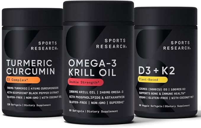 Sports Research Antarctic Krill Oil Omega 3 1000mg (with Phospholipids, Choline & Astaxanthin), Turmeric Curcumin C3 Complex (with Bioperine Black Pepper & Coconut Oil) & Plant Based Vitamin D3 + K2