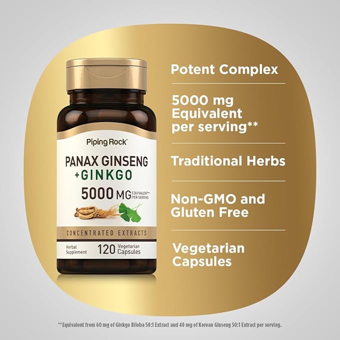 Piping Rock Panax Ginseng Capsules | 5000 mg | 120 Count | with Ginkgo Biloba | Vegetarian, Non-GMO, and Gluten Free Supplement