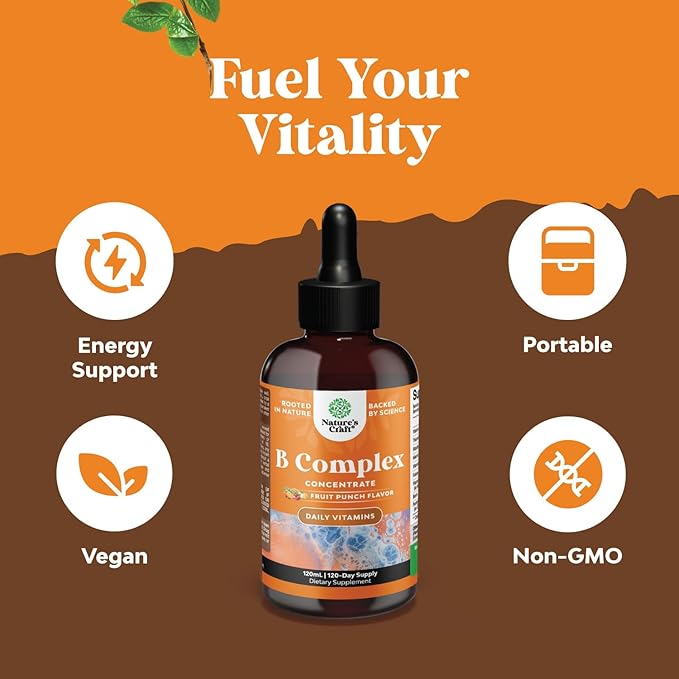 Vegan Vitamin B Complex Liquid - 9-in-1 Liquid B Complex Vitamins for Women & Men with B1 B2 B3 B5 B6 B7 Folate Methyl B12 Plus Vitamin C - Super Concentrated Non GMO & Naturally Flavored (120svg)