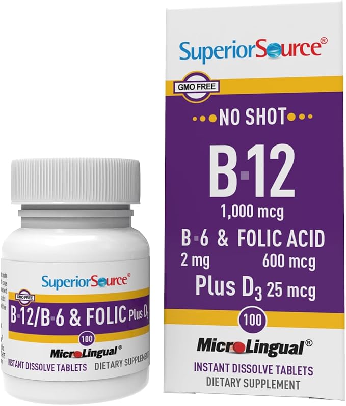 Superior Source No Shot Vitamin B-12 Cyanocobalamin 1000 mcg, B-6, Folic Acid & Vitamin D-3 1000 IU - Supports Energy, Brain, Heart, & Bone Health - 100 Sublingual Dissolving Tablets