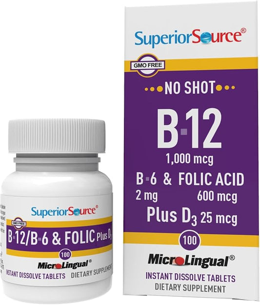 Superior Source No Shot Vitamin B-12 Cyanocobalamin 1000 mcg, B-6, Folic Acid & Vitamin D-3 1000 IU - Supports Energy, Brain, Heart, & Bone Health - 100 Sublingual Dissolving Tablets
