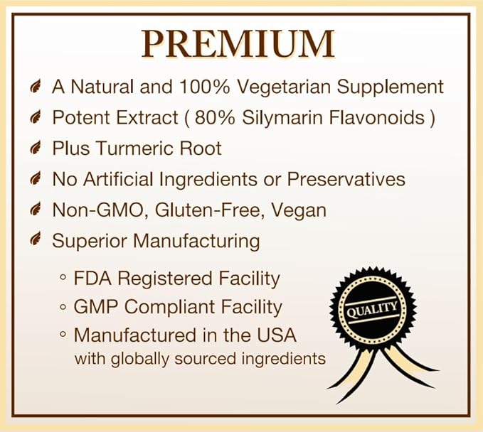 Milk Thistle Extract (80% Silymarin Flavonoids) Plus Turmeric - 120 Capsules