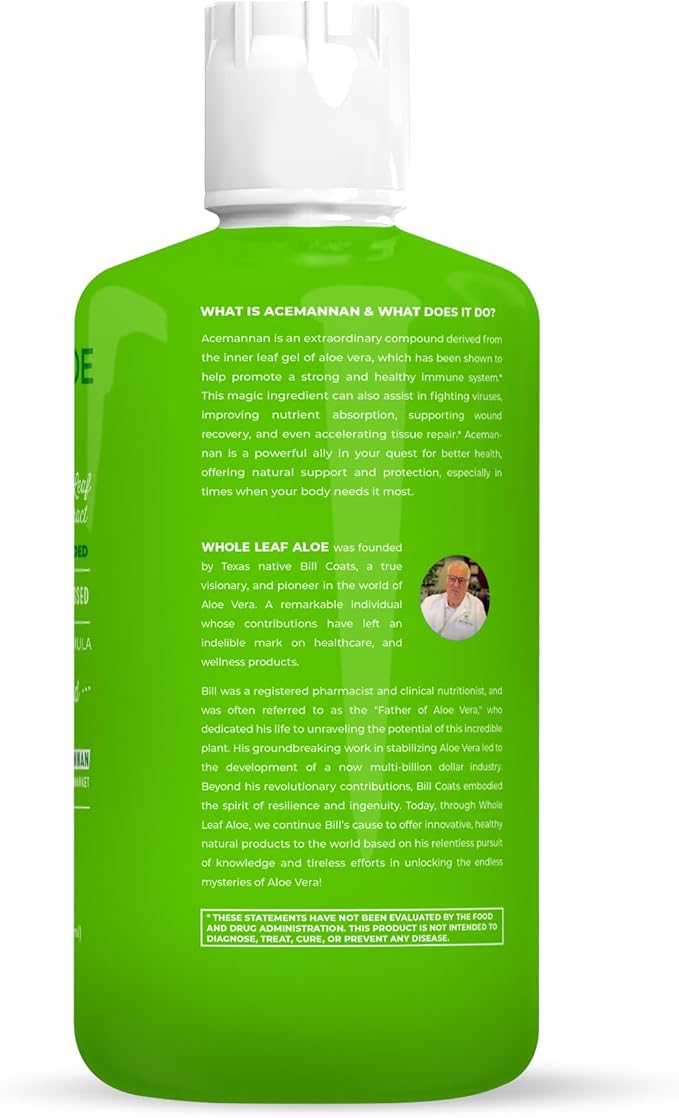 Whole Leaf Aloe Vera Juice - Potent, Unflavored, for Digestive Health, Skin Care and Hydration, Highest Acemannan Concentration, No Water Added, Patented Formula, Ideal for Daily Use