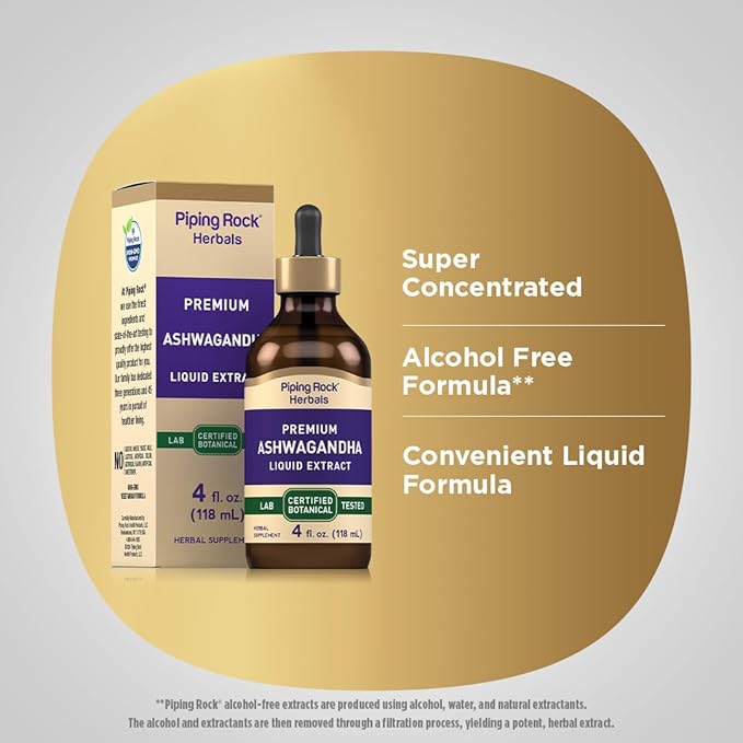 Piping Rock Ashwagandha Liquid Drops | 4 fl oz | Premium Herbal Root Extract | Alcohol Free Tincture | Vegetarian, Non-GMO, Gluten Free Supplement