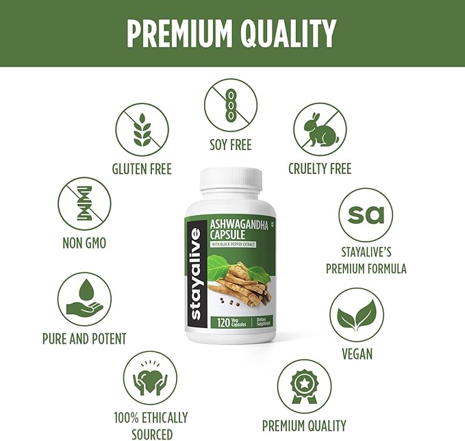 STAY ALIVE Ashwagandha with Black Pepper, 10:1 Extract, 120 Pills, 100% Pure Root Powder, Extra Strength Capsules, Non-GMO & Gluten Free Ashwagandha Supplements for Women and Men