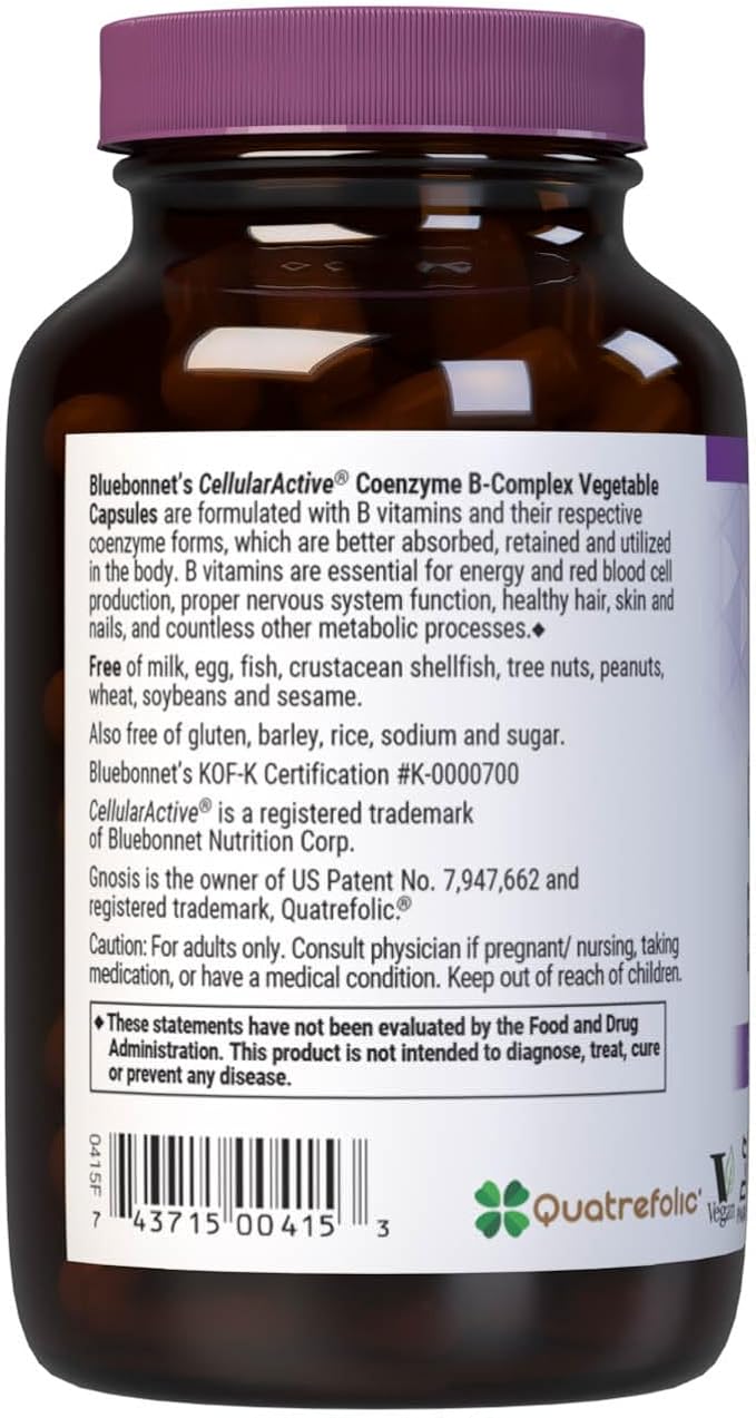 Bluebonnet Nutrition Cellular Active Coenzyme B-Complex, Energy Production & Nerve Support*, Vegan, Kosher Certified, Gluten-Free, Soy-Free, Dairy-Free, 100 Vegetable Capsules, 100 Servings