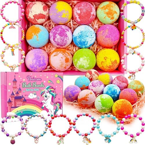 Unicorn Bath Bombs for Kids Girls 3 4 5 6 7 8 Years Old Birthday Gift for Girls Bath Bombs with Toys Surprise Jewelry Inside for Kids Toddler Girl Birthday Christmas Gifts Easter Basket Stuffers