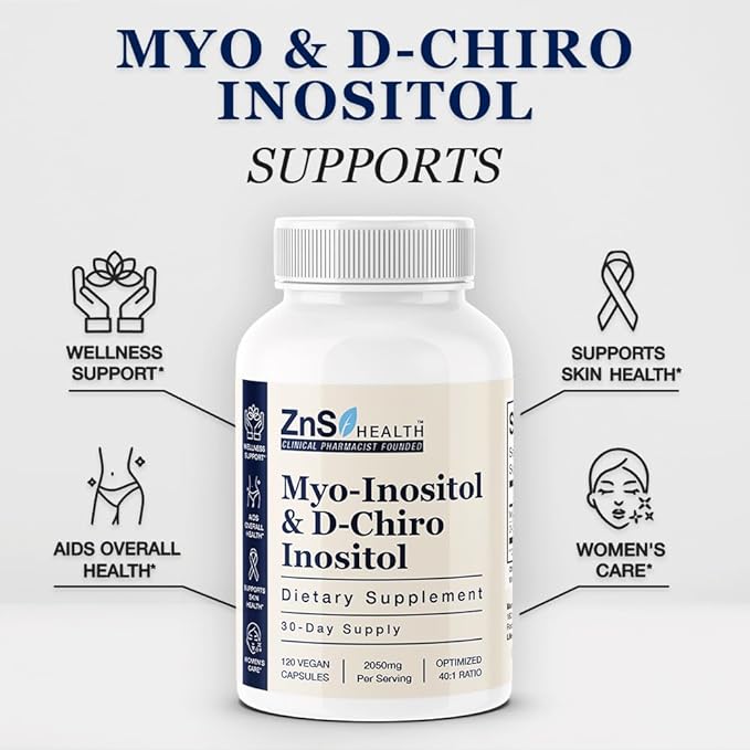 ZnS Myo-Inositol & D-Chiro Inositol Supplement | Hormonal Balance & Menstrual Cycle Support | 40:1 Ideal Ratio | Ovarian Health & Fertility Aid | 2050mg | 30-Day Vegan Capsules
