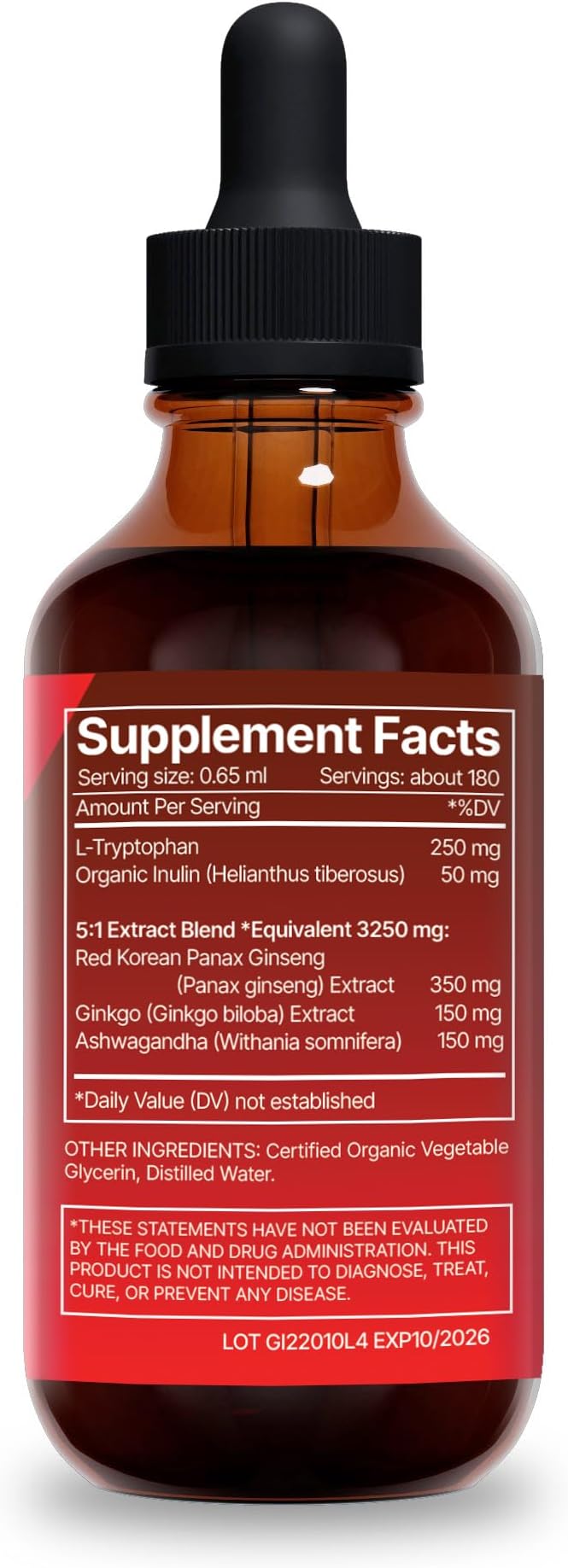 Red Korean Panax Ginseng & L-Tryptophan Liquid Extract Formula 4 fl oz - Ashwagandha, Ginkgo Biloba - Energy, Cognitive Performance & Focus - Immune System and Vitality Support Tincture